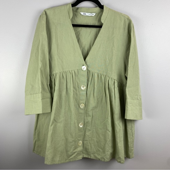 Zara Green Linen Blend Babydoll Blouse Medium - Picture 2 of 8